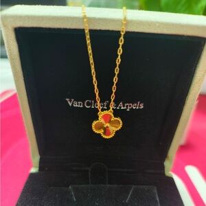 Van Cleef Arpels Red Clover Necklace Gold Tone
